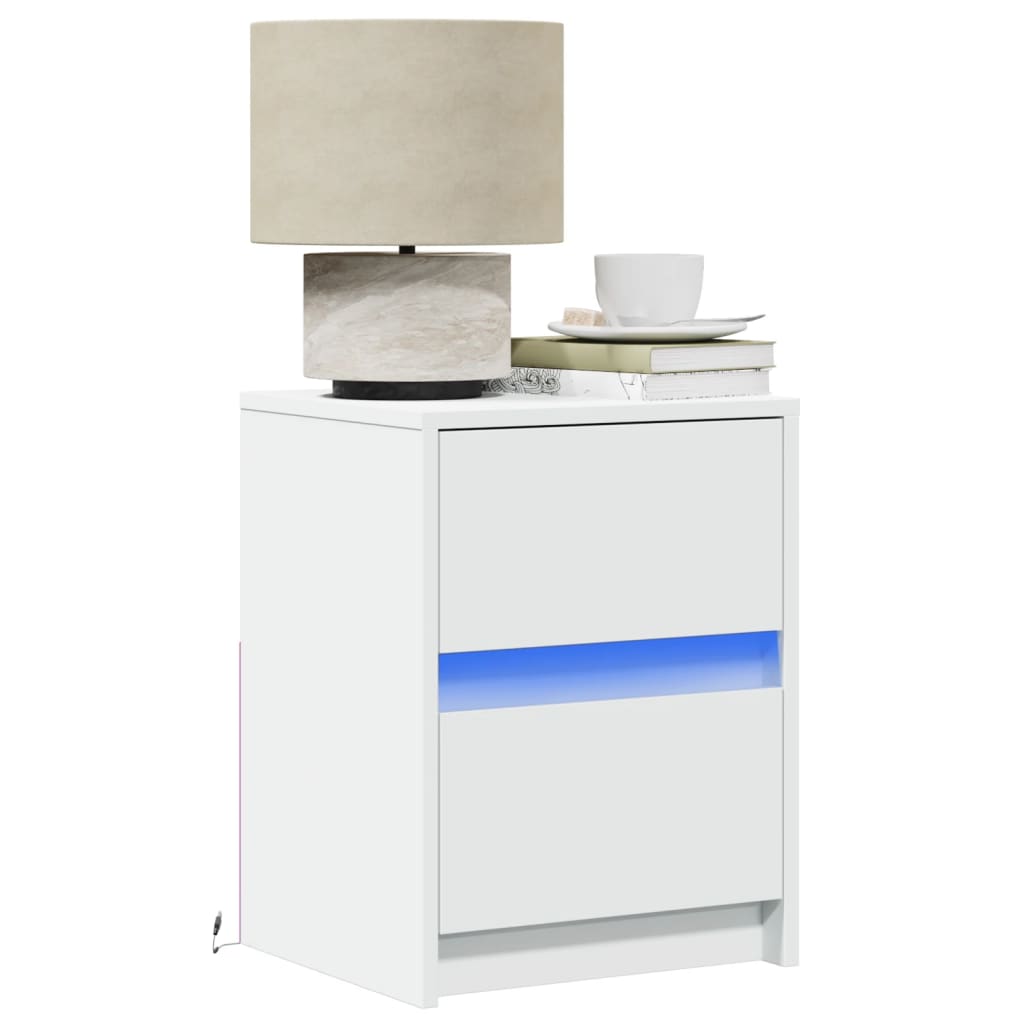 Bedside Cabinet with LED Lights Engineered Wood White 1