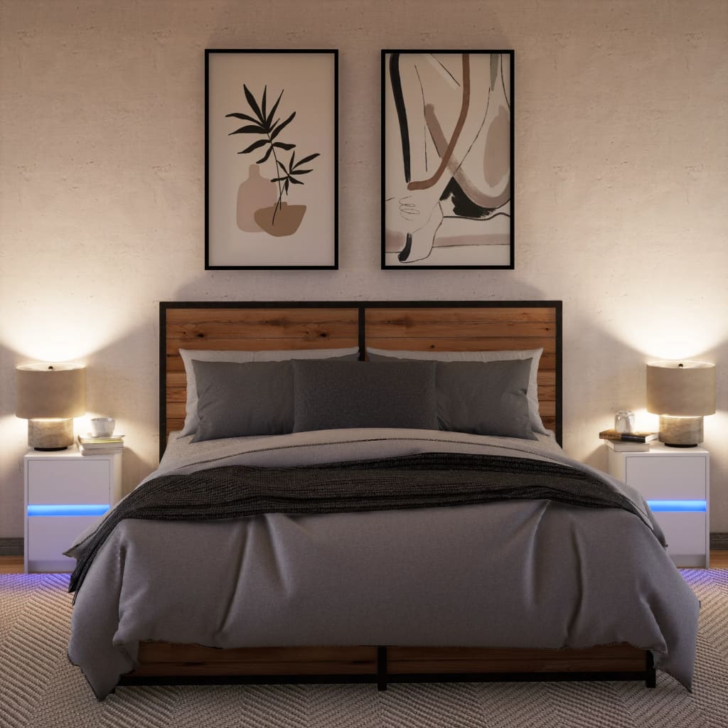 Bedside Cabinet with LED Lights Engineered Wood White 2