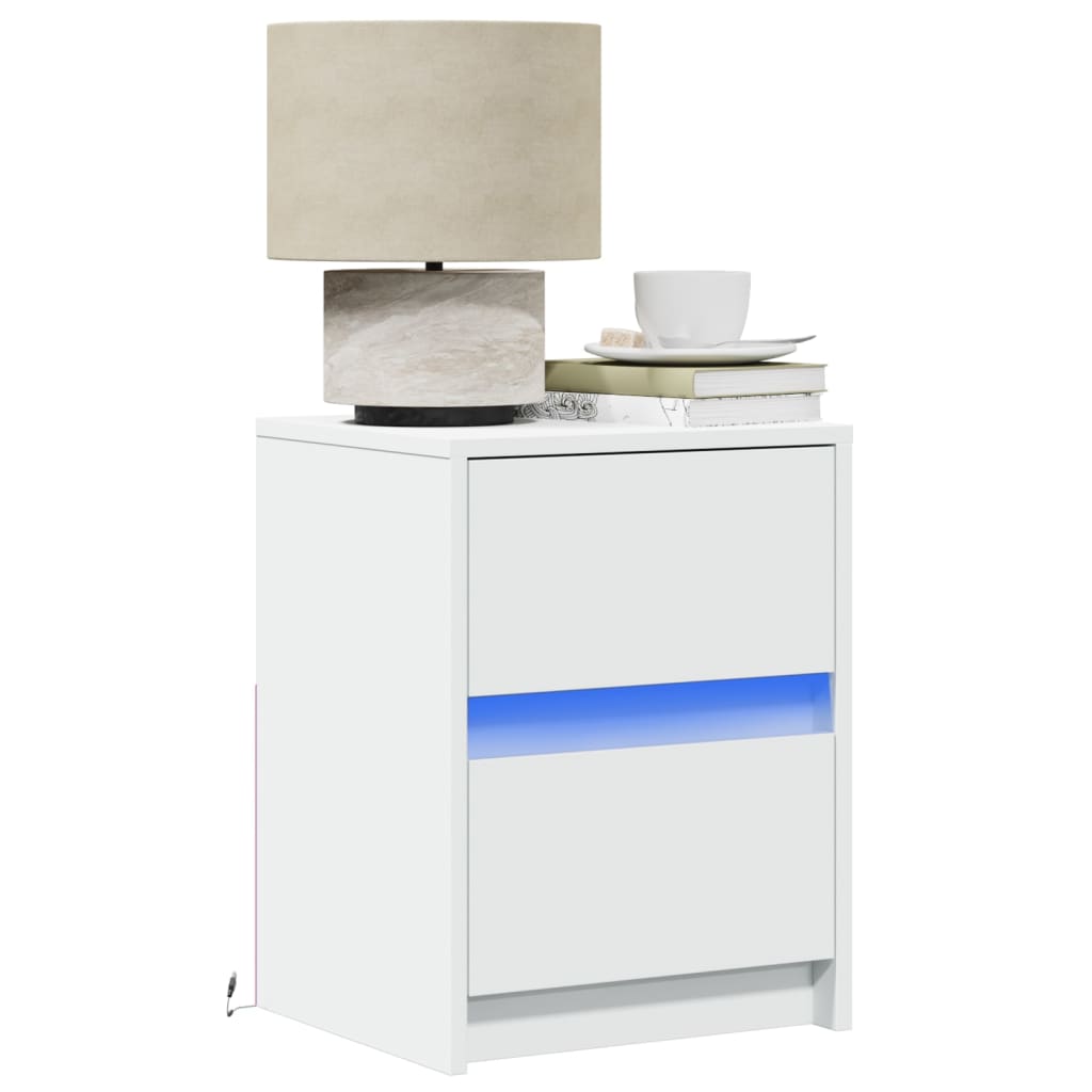 Bedside Cabinet with LED Lights Engineered Wood White 2