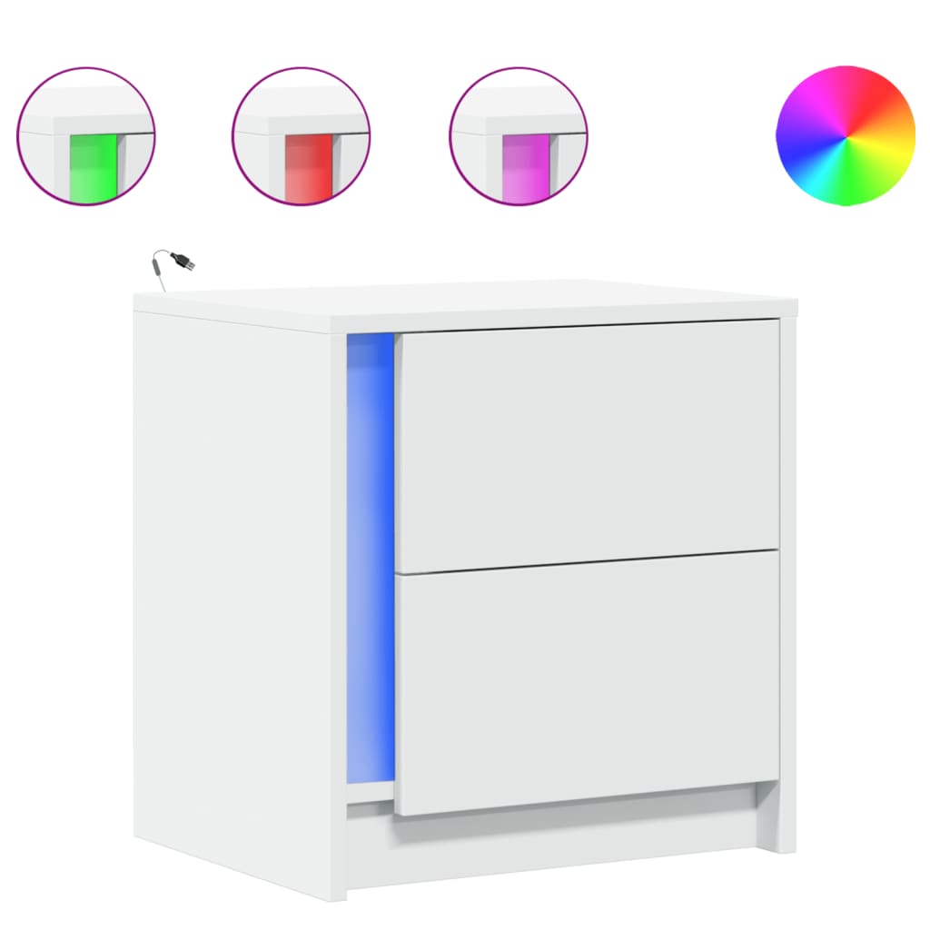Bedside Cabinet with LED Lights Engineered Wood White 2