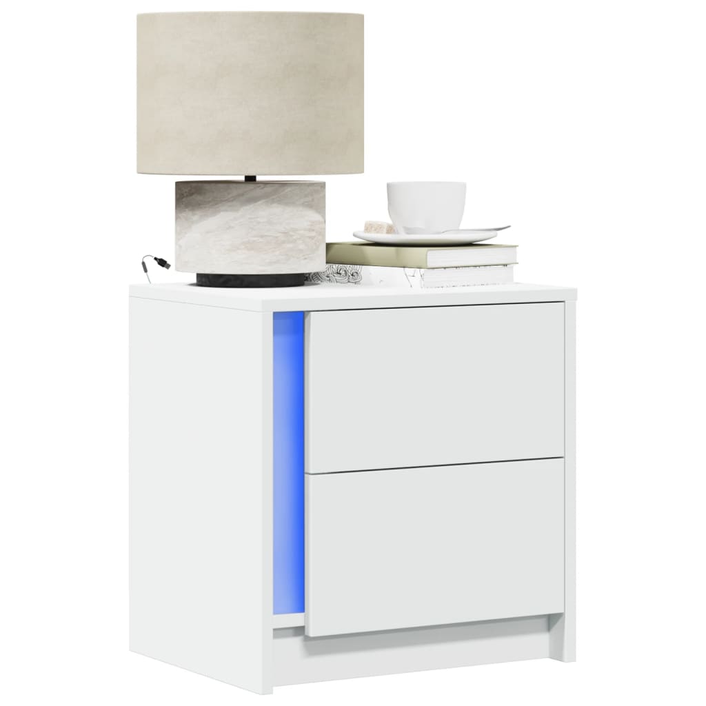 Bedside Cabinet with LED Lights Engineered Wood White 2