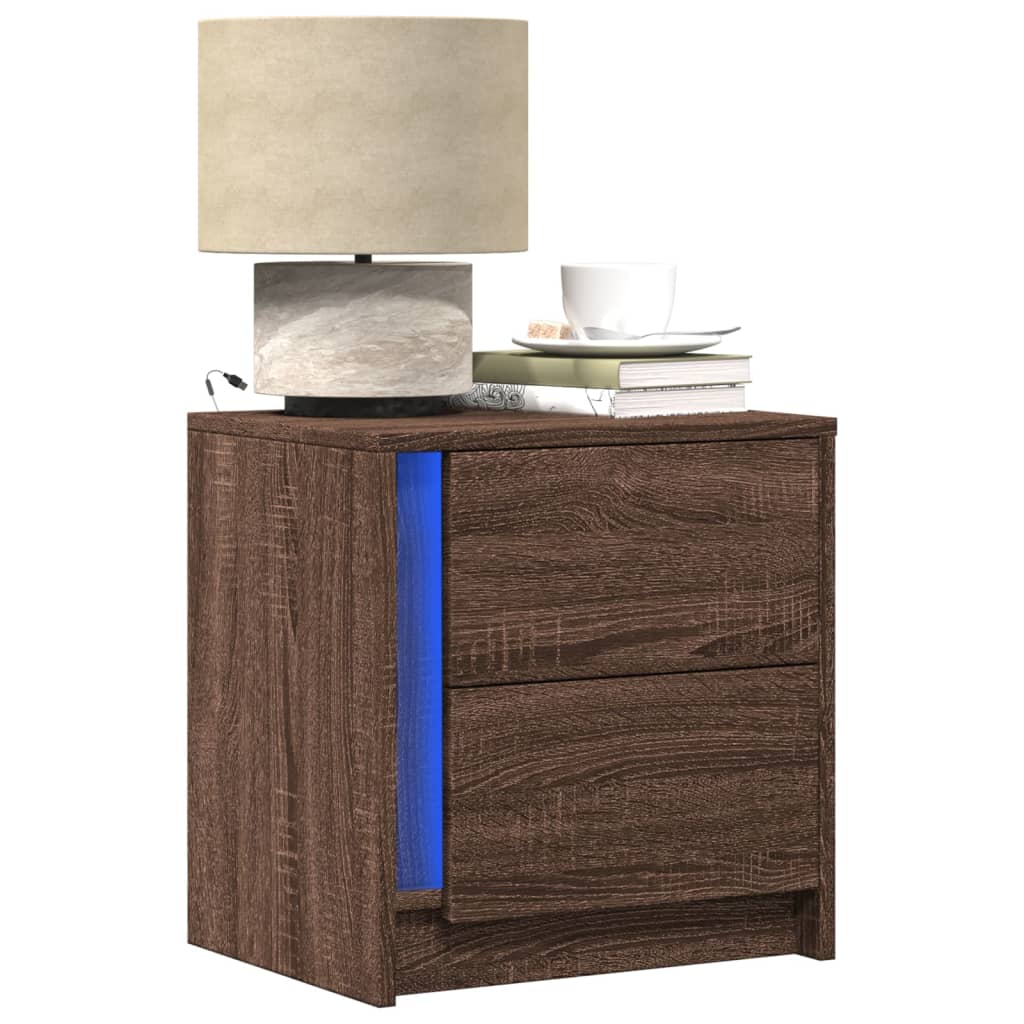 Bedside Cabinet with LED Lights Engineered Wood Brown oak 2