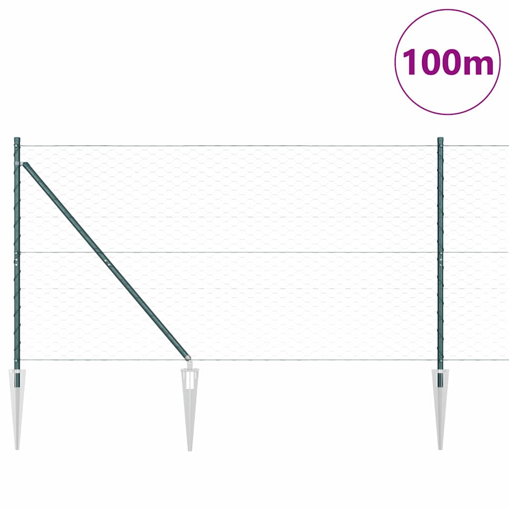 vidaXL Hexagonal Fence with Post 100 x 1.4 m PVC-Coated Steel Green 3