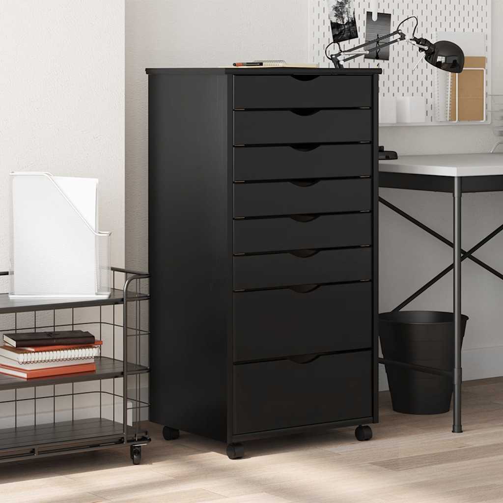 Rolling Cabinet with Drawers "MOSS" Solid Wood Pine Black 53 x 39 x 103 cm