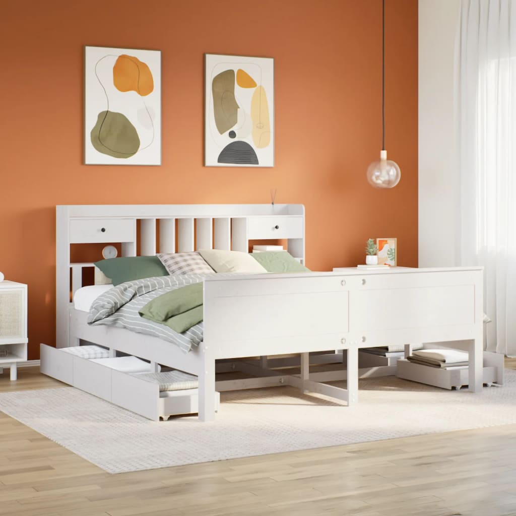 vidaXL Bookcase Bed without Mattress White 180x200 cm Super King Solid Wood Pine 1