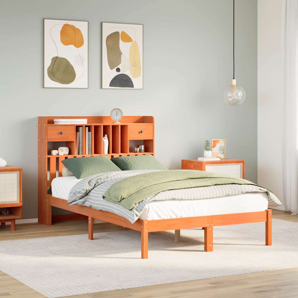 Bookcase Bed without Mattress Solid Wood Pine Wax brown 135 cm 190 cm