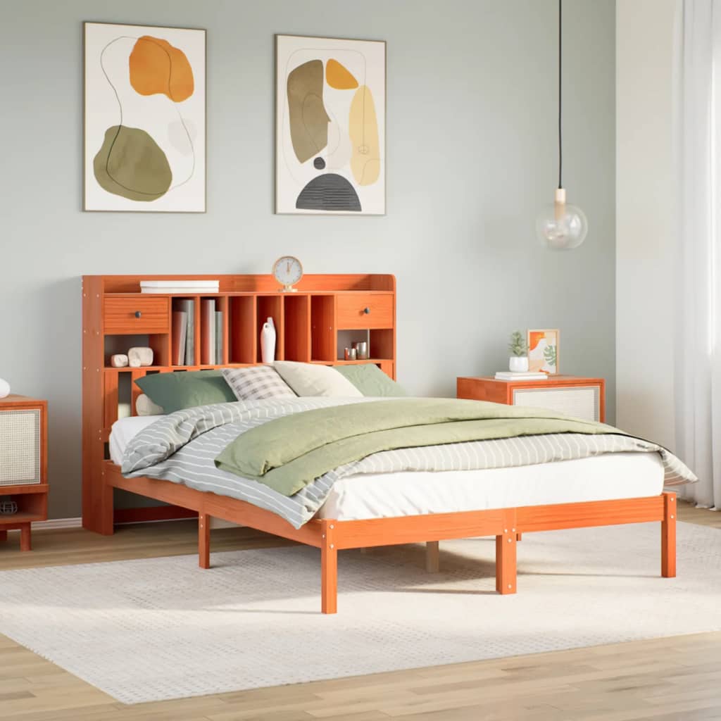 Bookcase Bed without Mattress Solid Wood Pine Wax brown 150 cm 200 cm