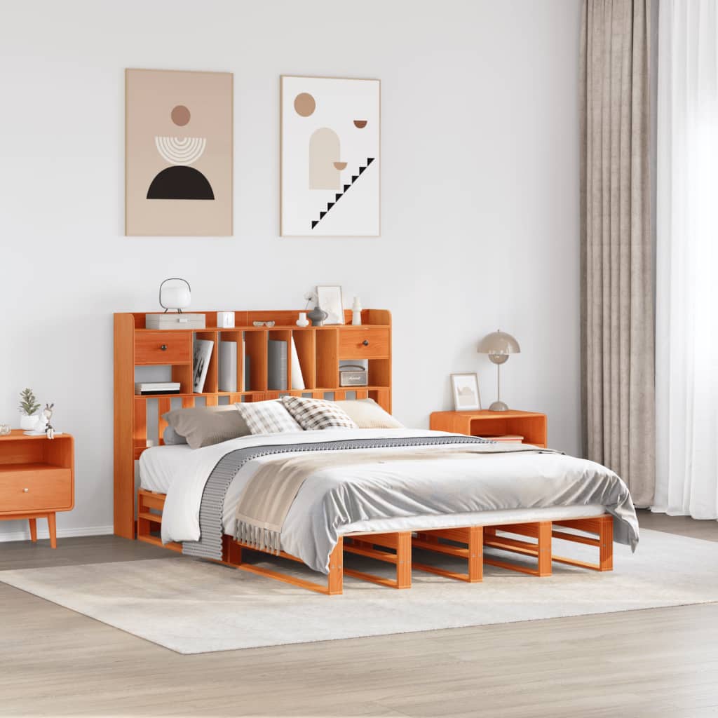 Bookcase Bed without Mattress Solid Wood Pine Wax brown 160 cm 200 cm