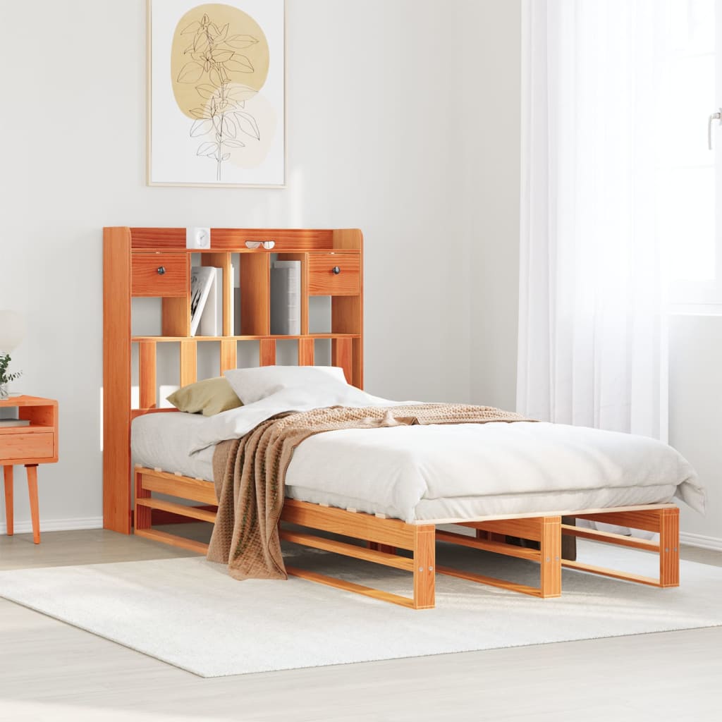 Bookcase Bed without Mattress Solid Wood Pine Wax brown 75 cm 190 cm