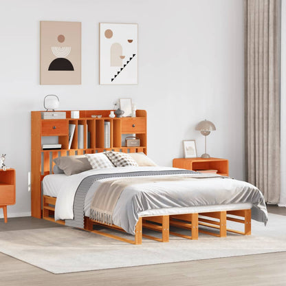 Bookcase Bed without Mattress Solid Wood Pine Wax brown 135 cm 190 cm