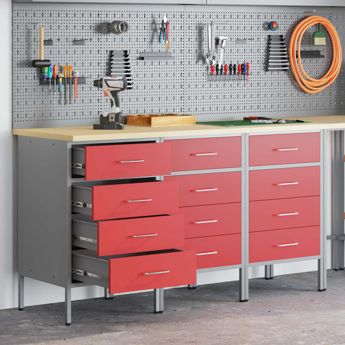 vidaXL Work Cabinet with Drawer 3 pcs Red and Grey 150 x 55 x 85 cm 1