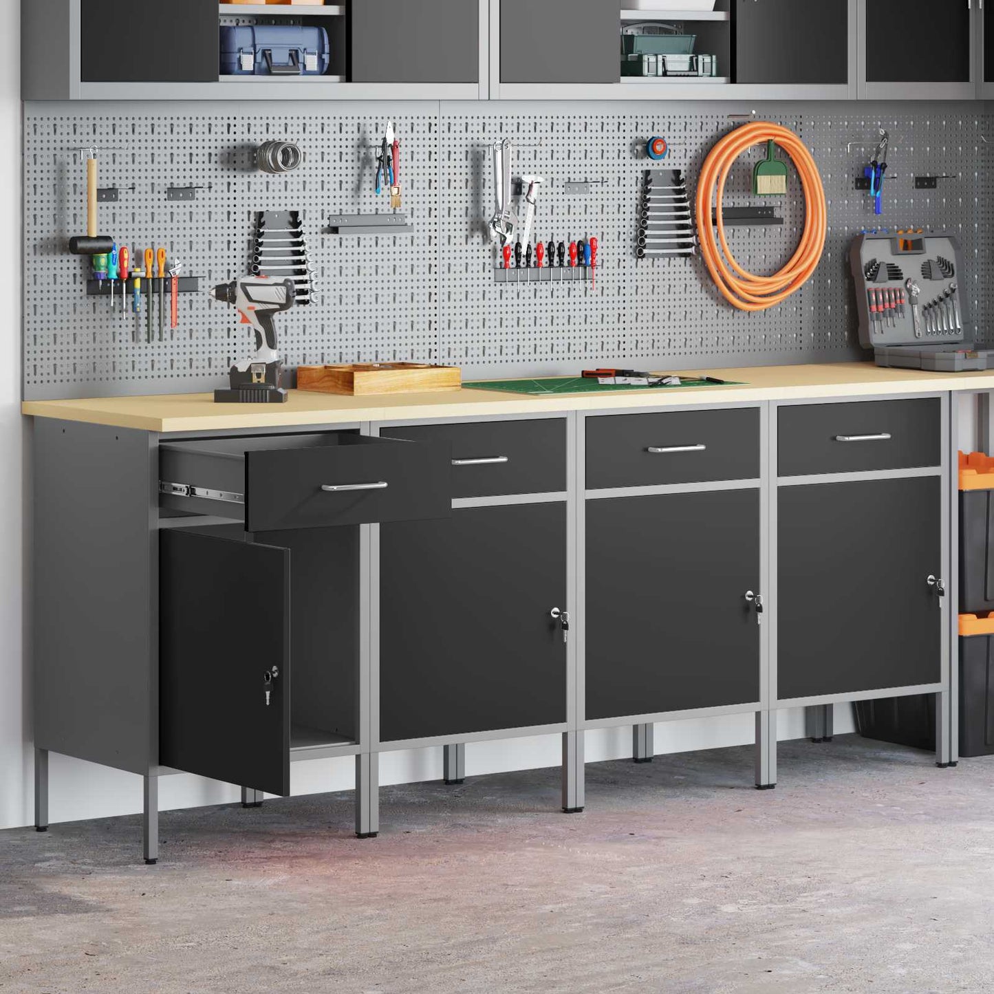 vidaXL Work Cabinet with Drawer 4 pcs Black and Grey 200 x 55 x 85 cm 3