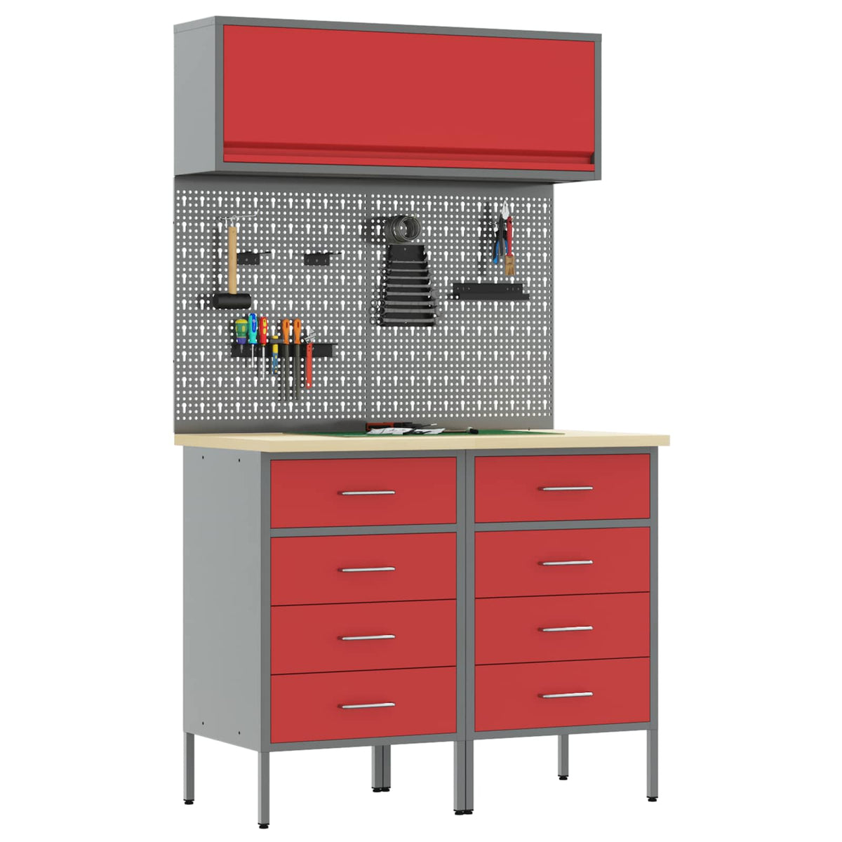 Work Cabinet Set 8 pcs Steel and Engineered Wood Red 100 cm workbench (8 drawers)