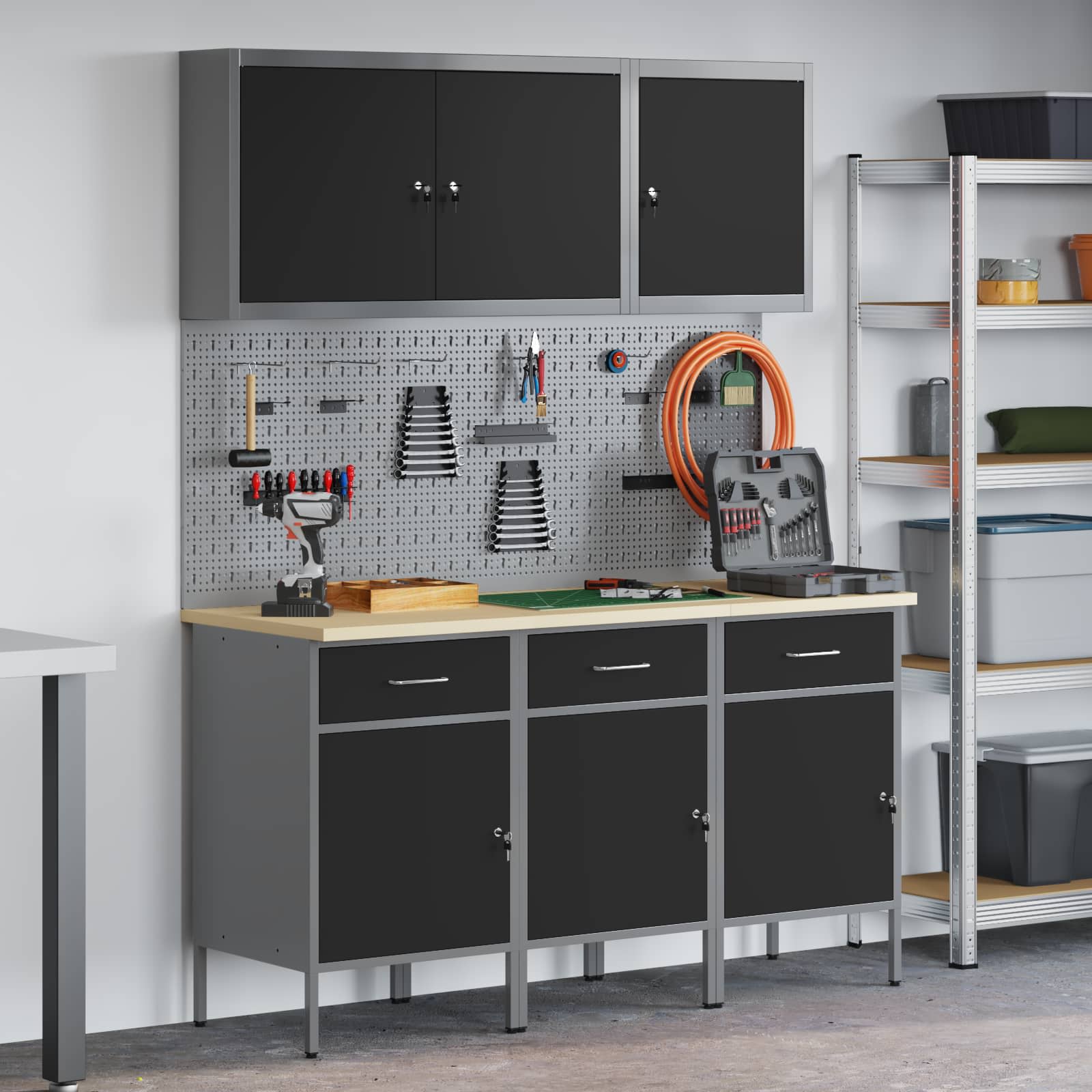 vidaXL Work Cabinet with Drawer 8 pcs Black Engineered Wood and Steel 1