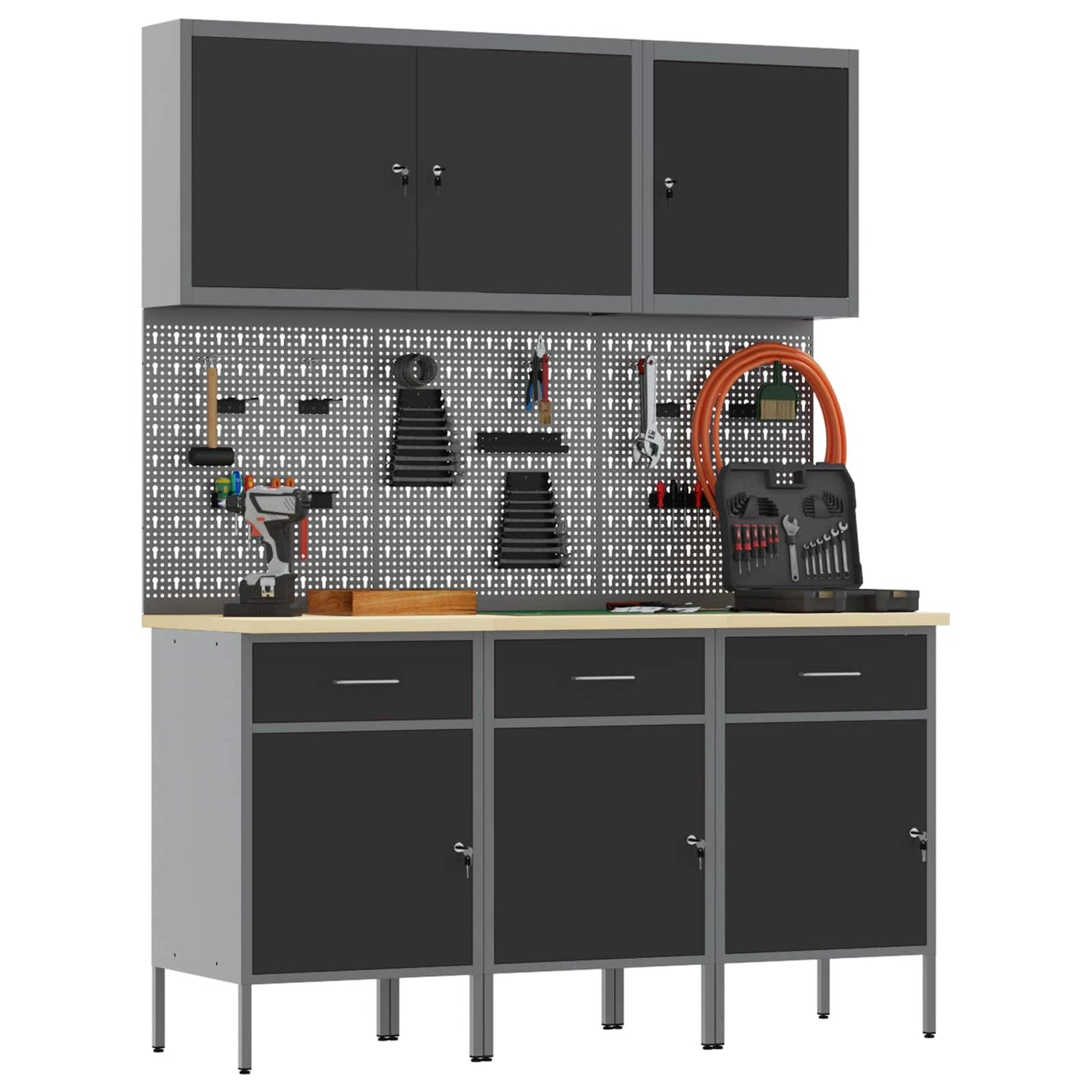 vidaXL Work Cabinet with Drawer 8 pcs Black Engineered Wood and Steel 3