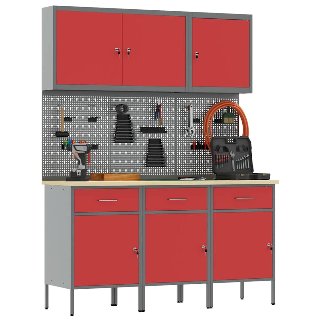 vidaXL Work Cabinet with Drawer 8 pcs Red Engineered Wood and Steel 3