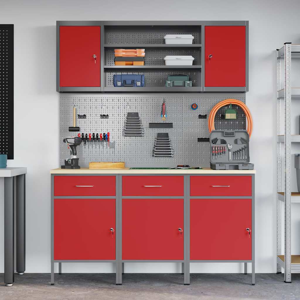 vidaXL Work Cabinet with Drawer 7 pcs Red Engineered Wood and Steel 4