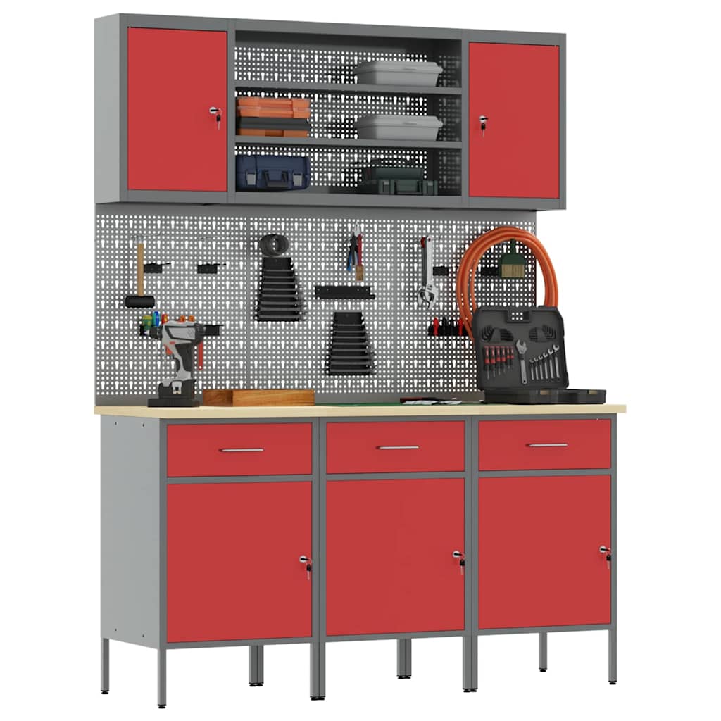 vidaXL Work Cabinet with Drawer 7 pcs Red Engineered Wood and Steel 3