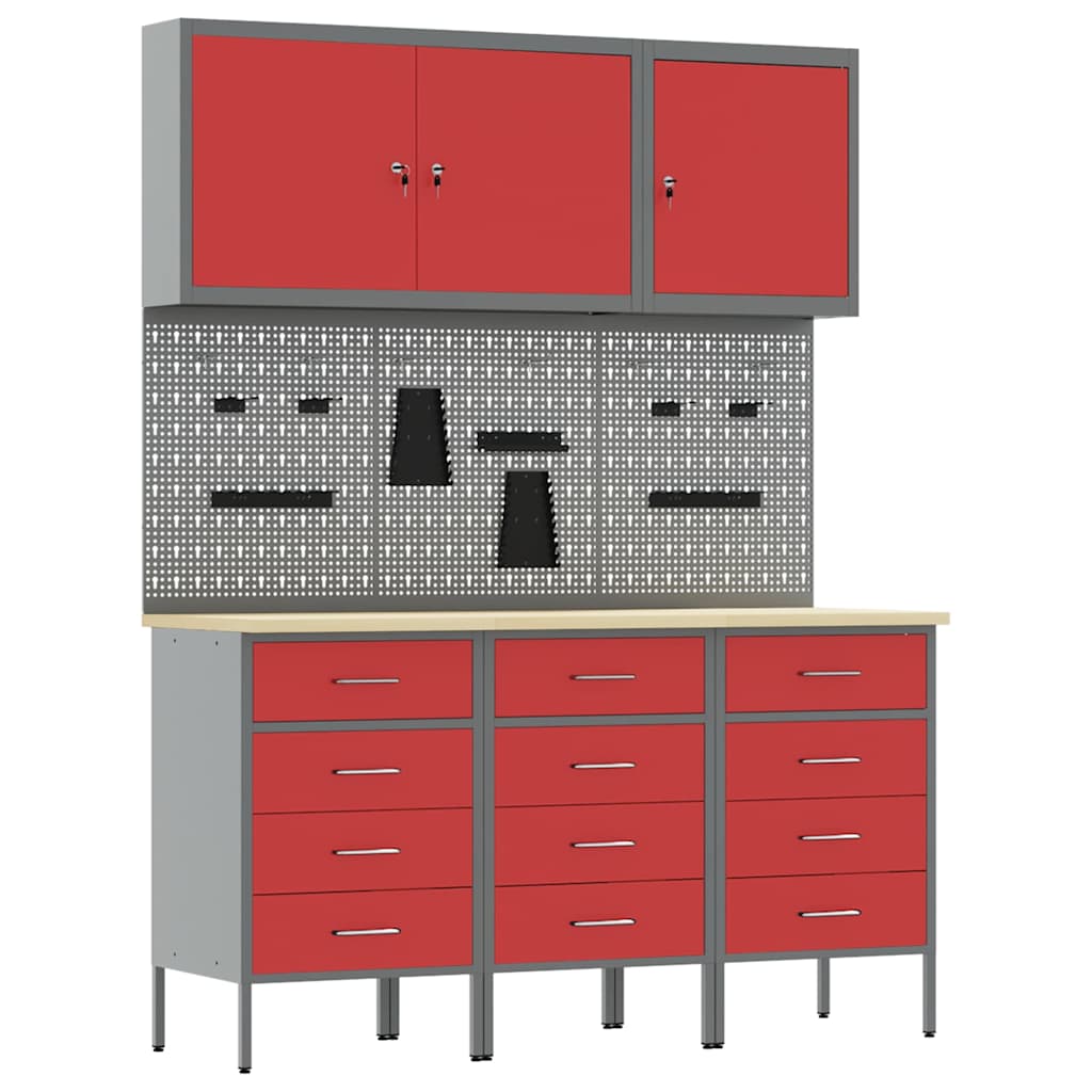 vidaXL Work Cabinet with Drawer 8 pcs Red Engineered Wood and Steel 2