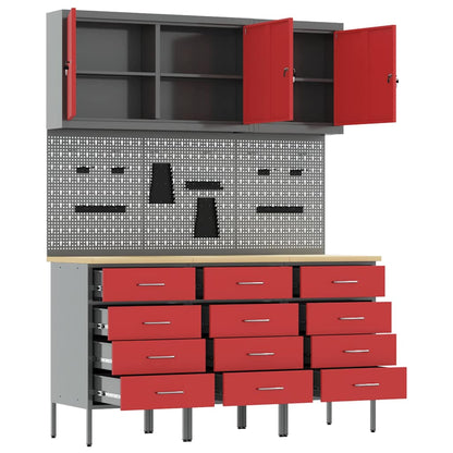 vidaXL Work Cabinet with Drawer 8 pcs Red Engineered Wood and Steel 5