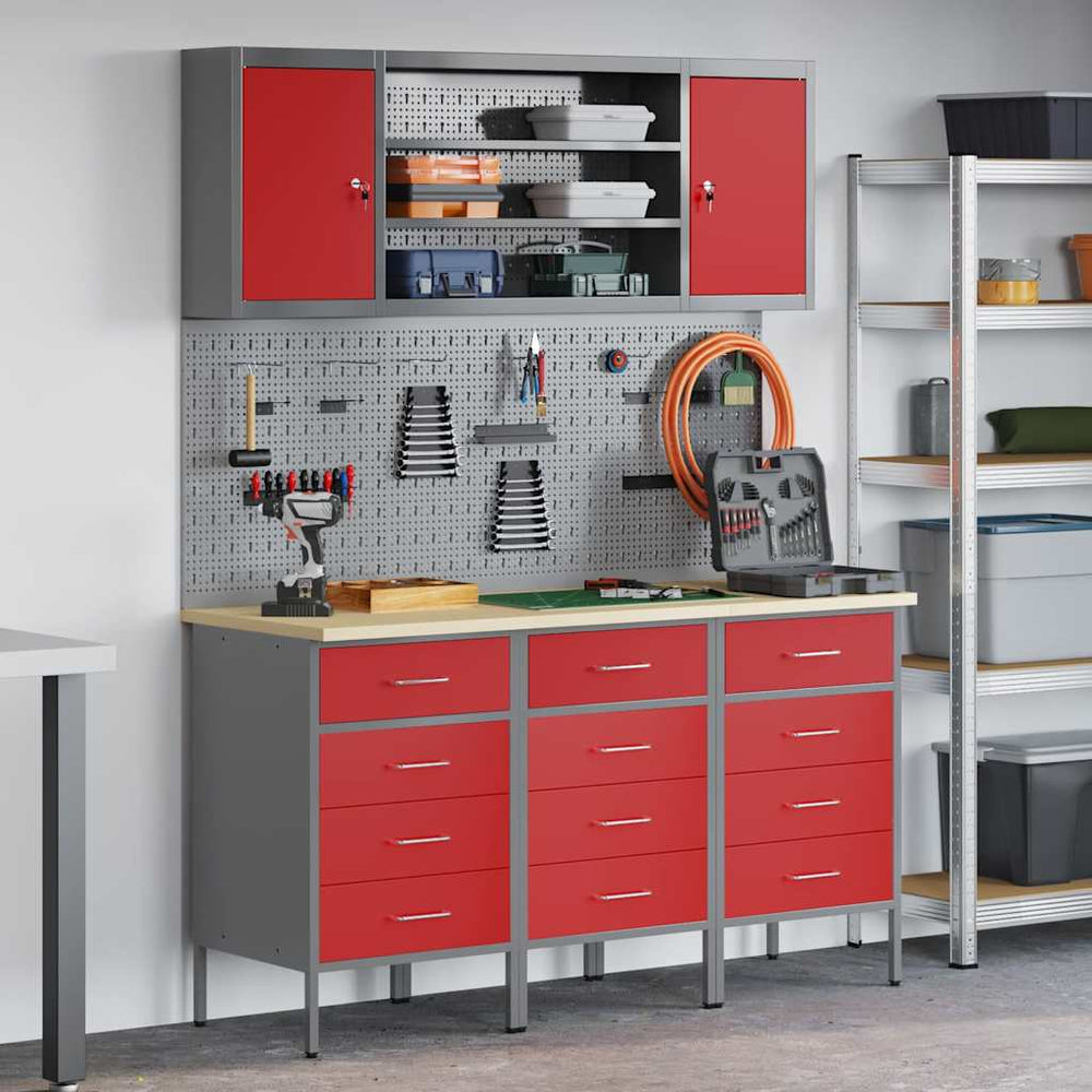 vidaXL Work Cabinet with Drawer 7 pcs Red Engineered Wood and Steel