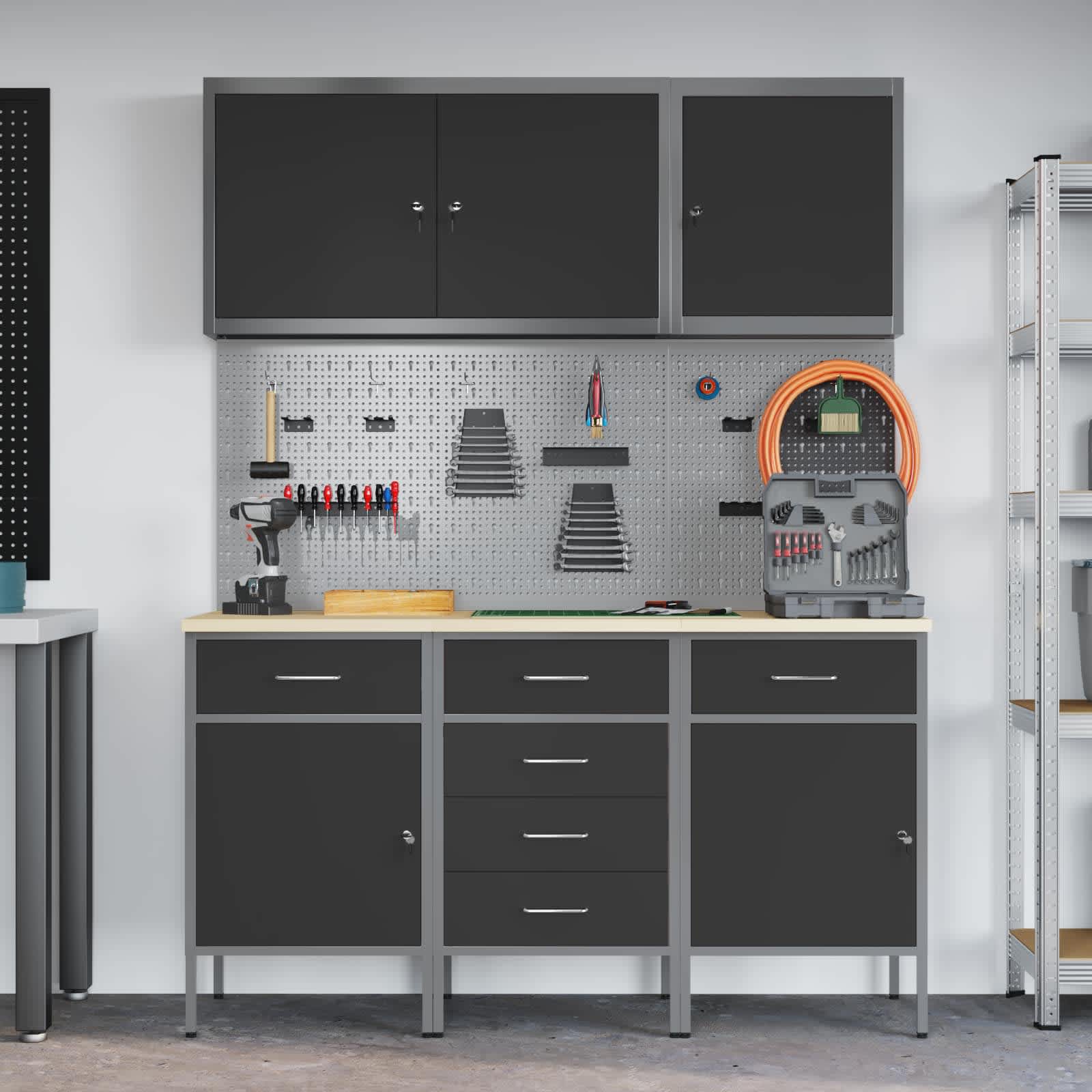 vidaXL Work Cabinet with Drawer 8 pcs Black Engineered Wood and Steel 4