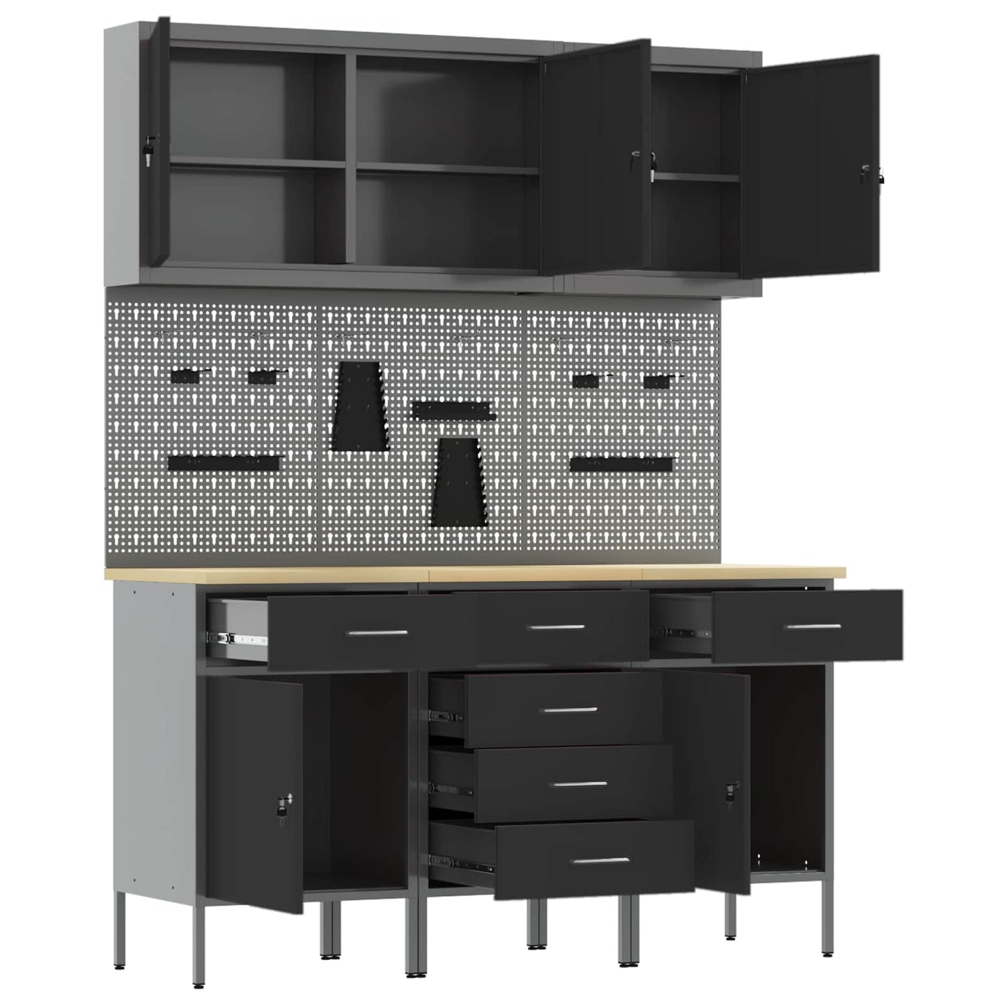 vidaXL Work Cabinet with Drawer 8 pcs Black Engineered Wood and Steel 5