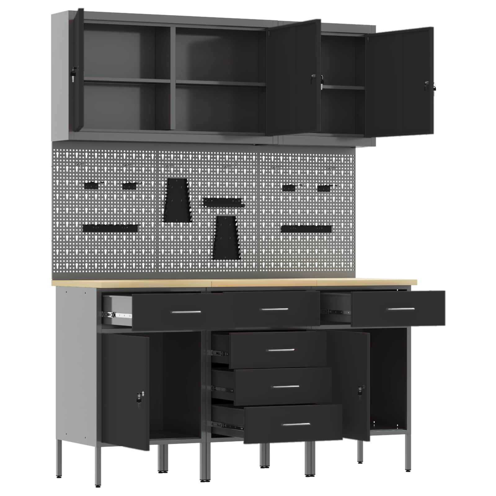 vidaXL Work Cabinet with Drawer 8 pcs Black Engineered Wood and Steel 5