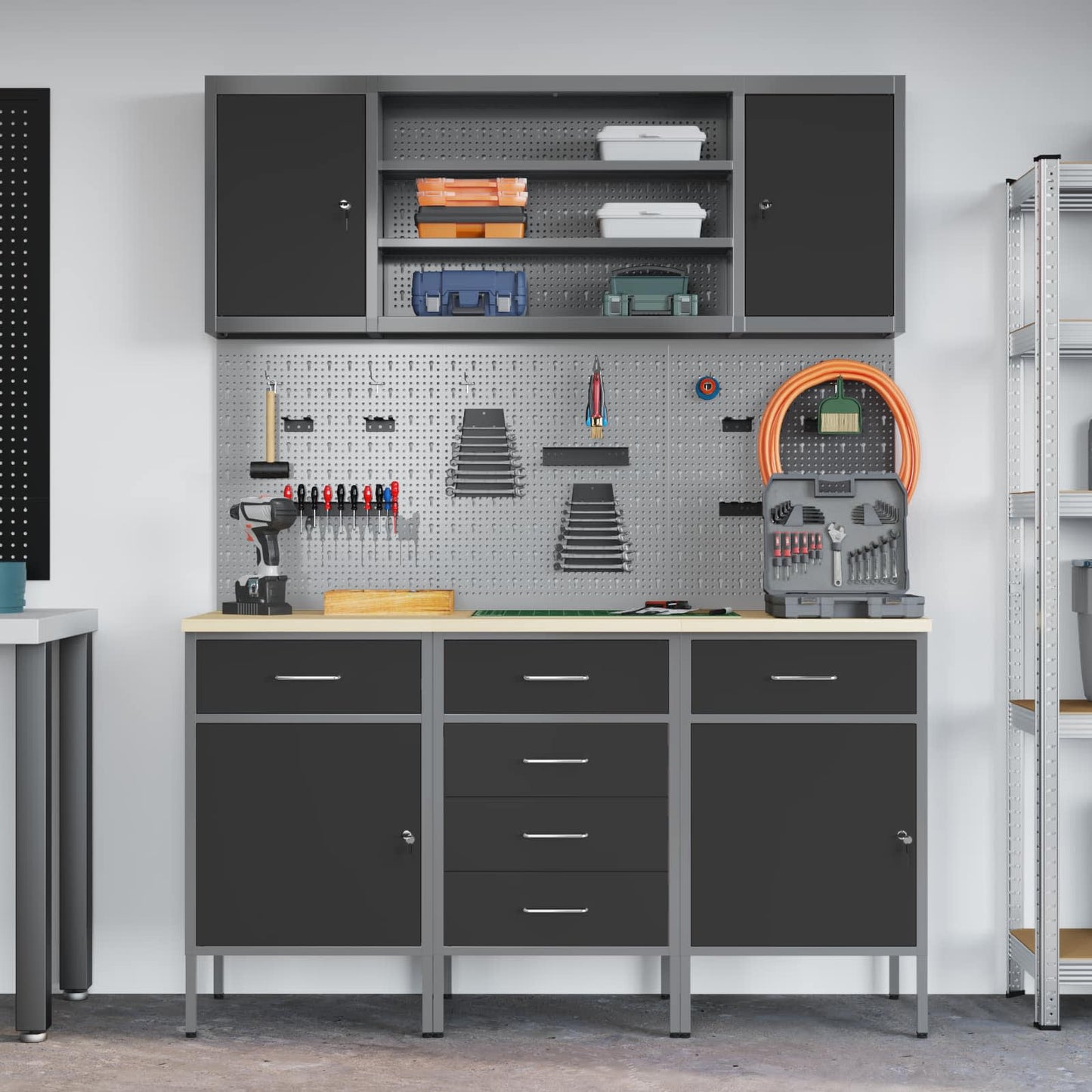 vidaXL Work Cabinet with Drawer 7 pcs Black Engineered Wood and Steel 4
