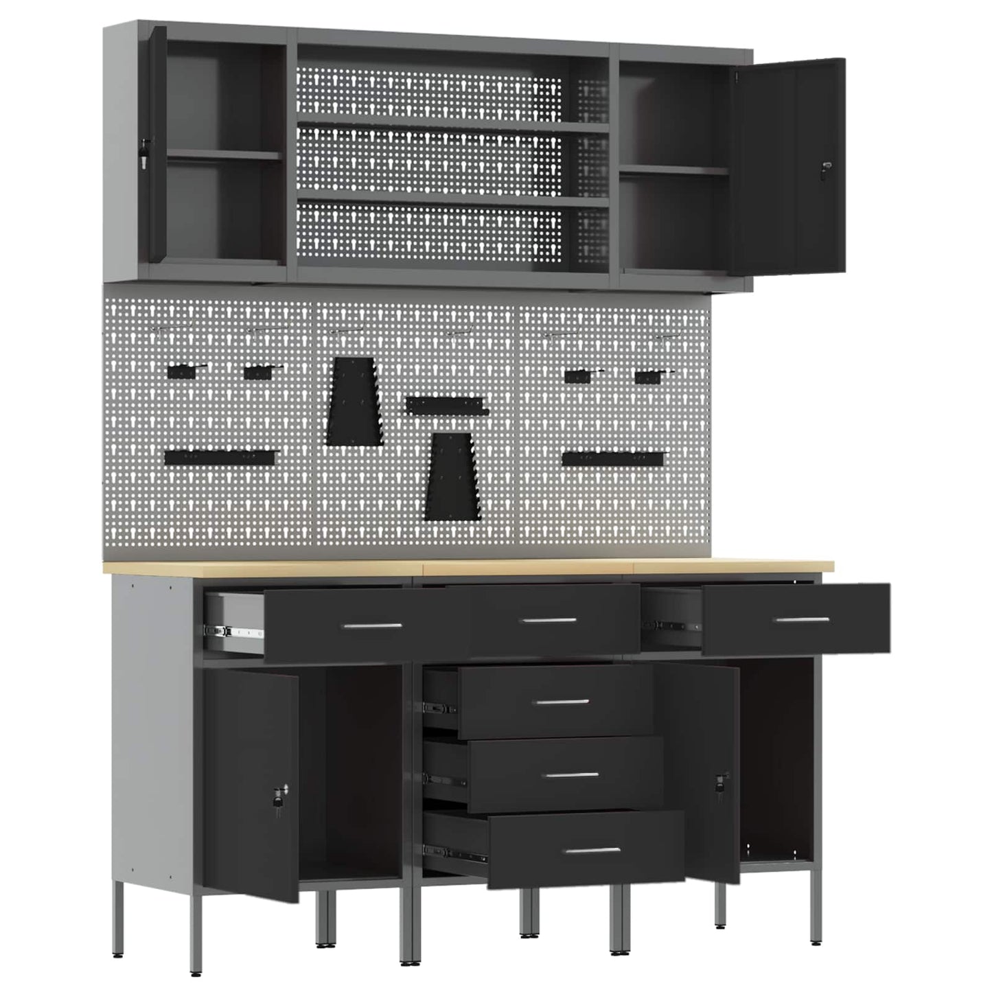 vidaXL Work Cabinet with Drawer 7 pcs Black Engineered Wood and Steel 5