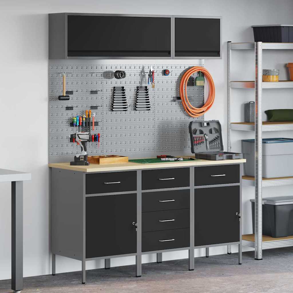 Work Cabinet Set 8 pcs Steel and Engineered Wood Black 150 cm workbench (6 drawers &2 doors)