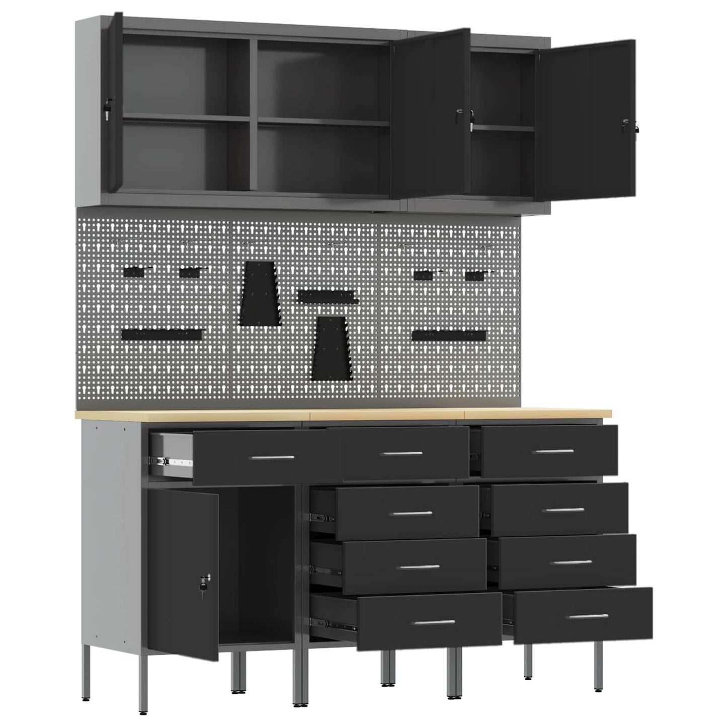 vidaXL Work Cabinet with Drawer 8 pcs Black Engineered Wood and Steel 5