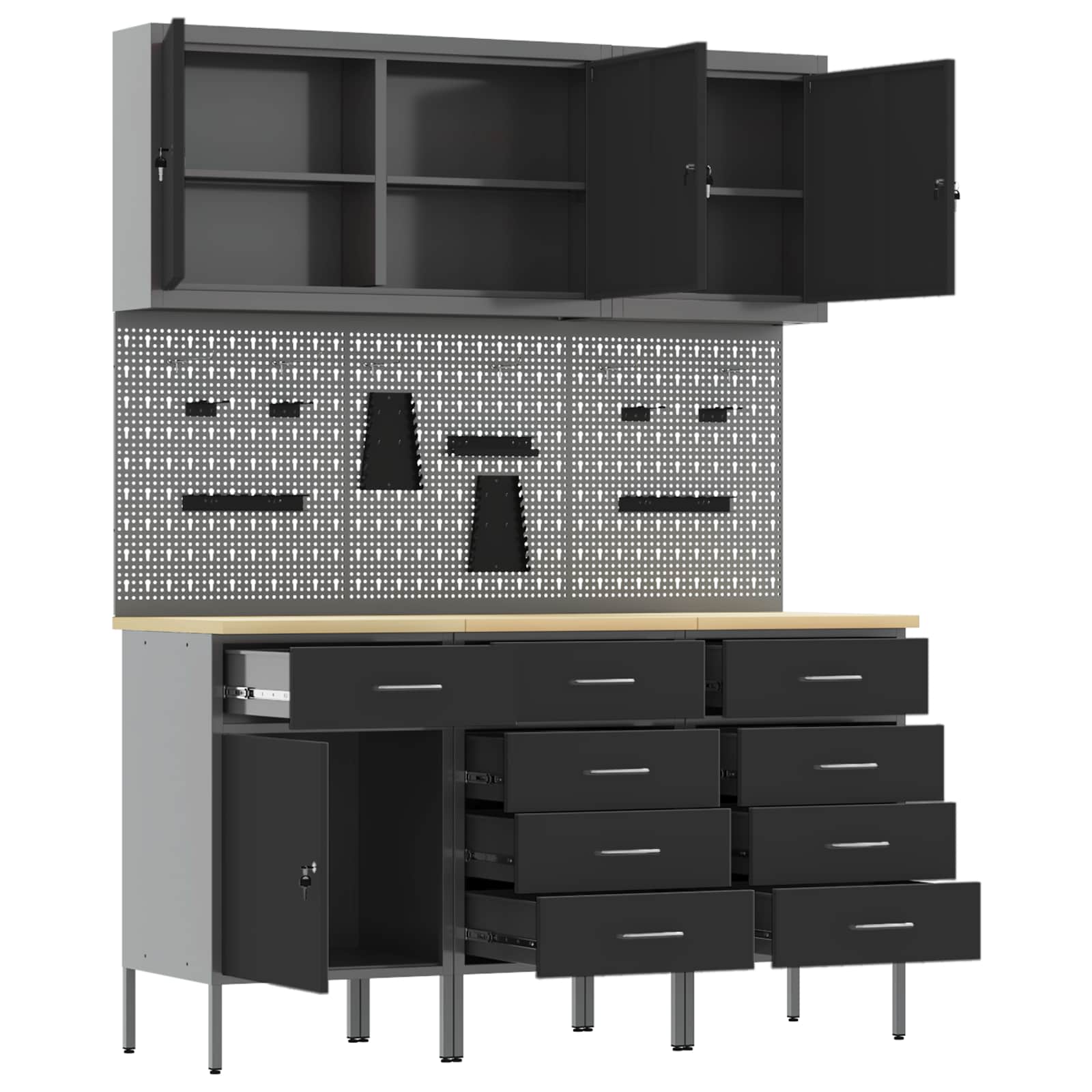 vidaXL Work Cabinet with Drawer 8 pcs Black Engineered Wood and Steel 5