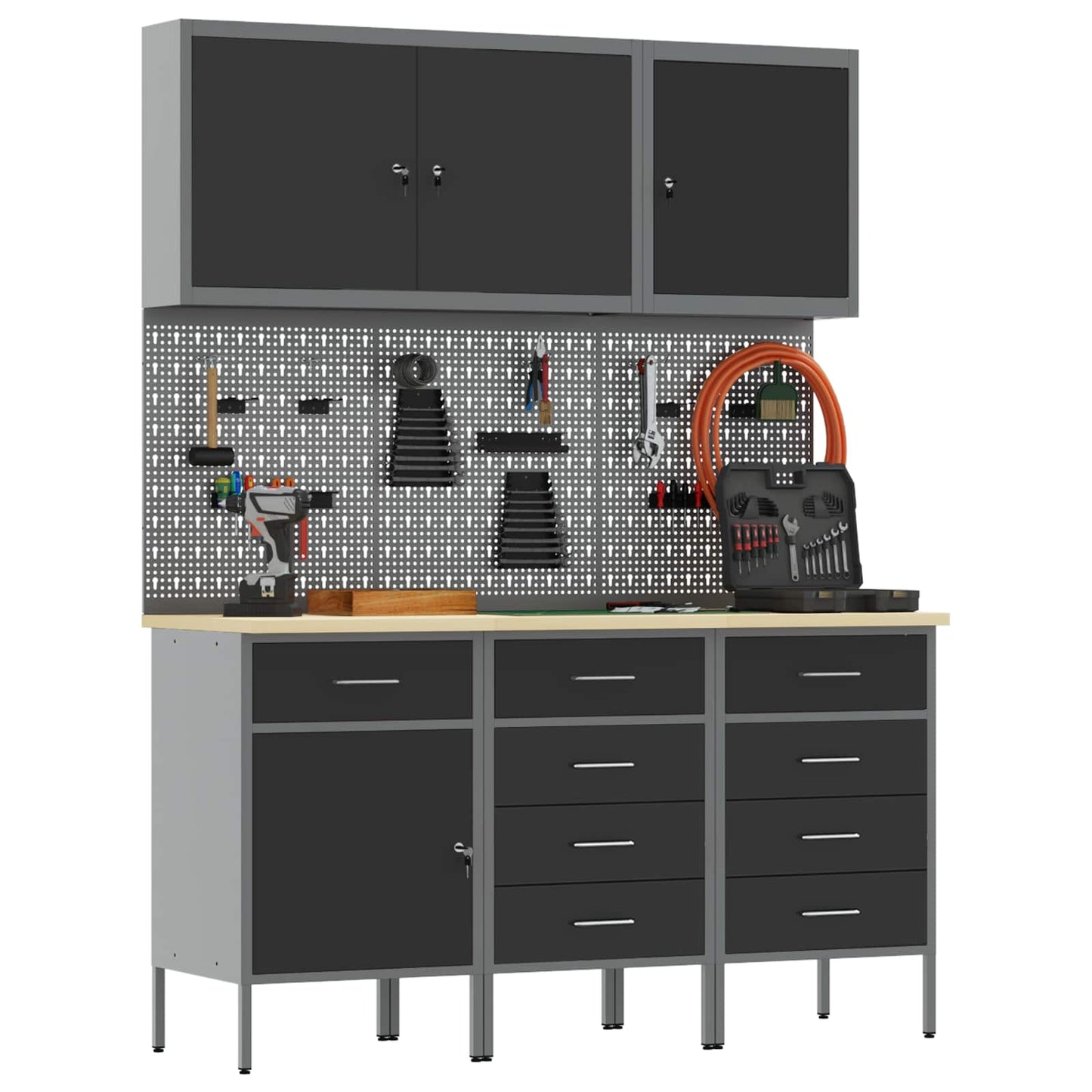 vidaXL Work Cabinet with Drawer 8 pcs Black Engineered Wood and Steel 3