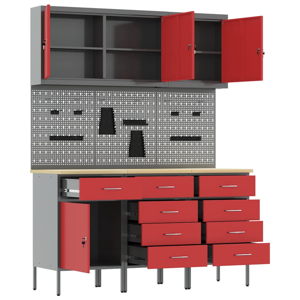 vidaXL Work Cabinet with Drawer 8 pcs Red Engineered Wood and Steel 5