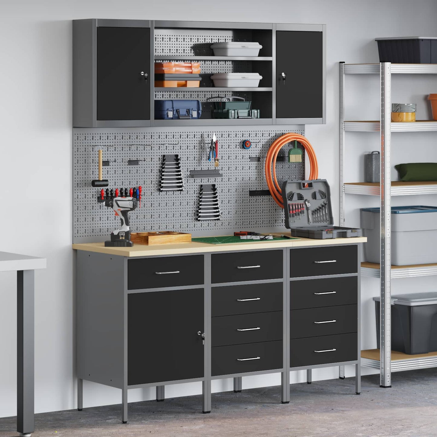 vidaXL Work Cabinet with Drawer 7 pcs Black Engineered Wood and Steel 1