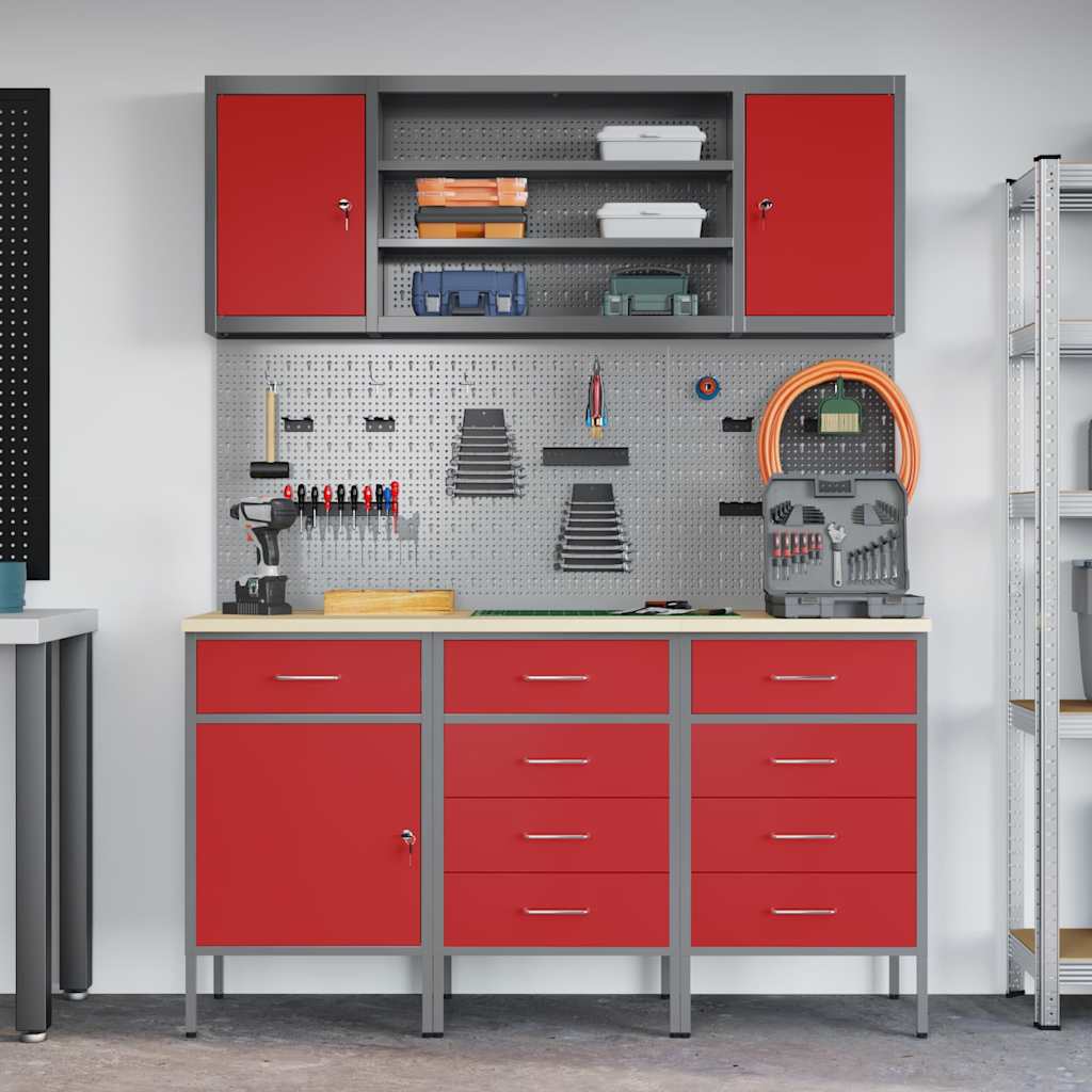 vidaXL Work Cabinet with Drawer 7 pcs Red Engineered Wood and Steel 4