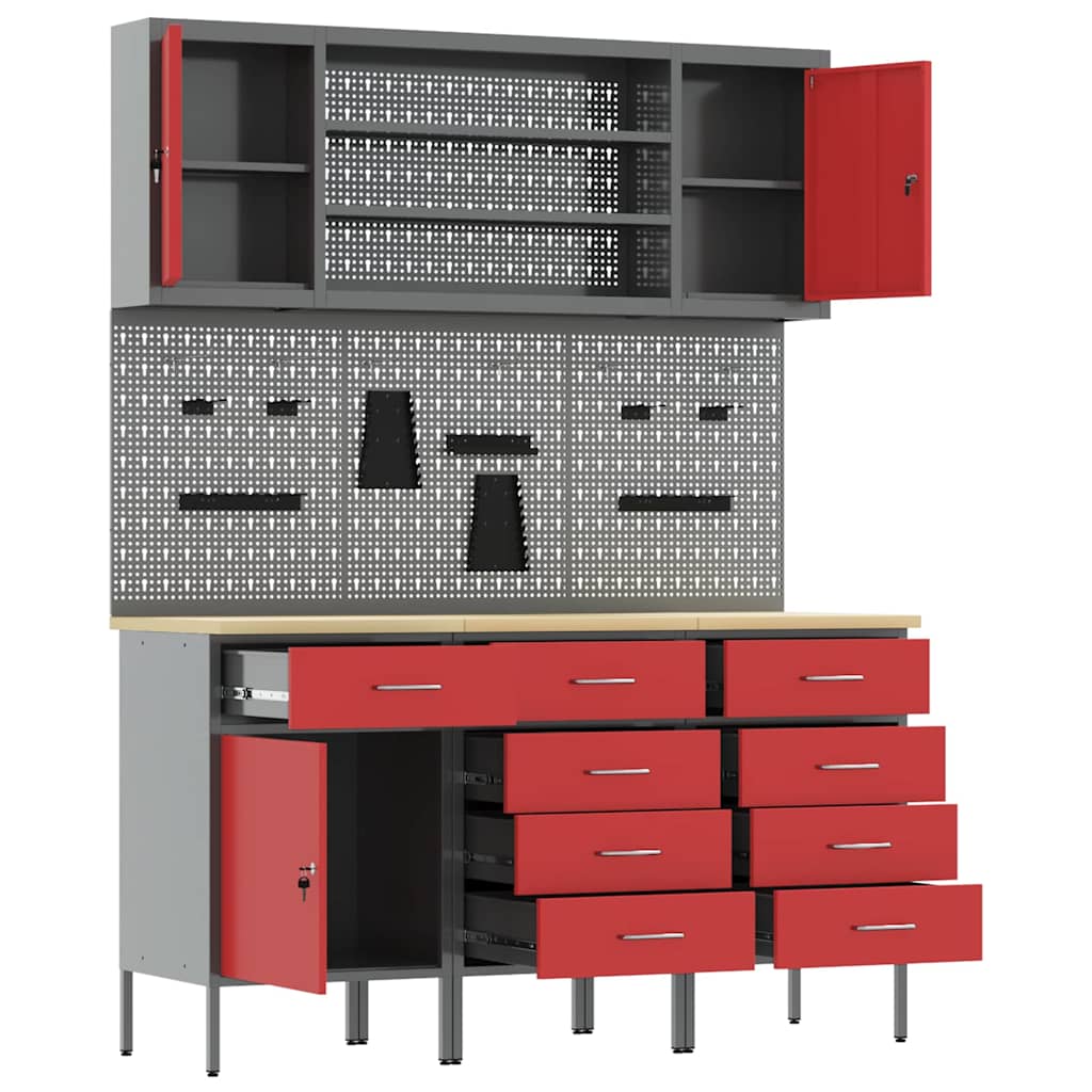 vidaXL Work Cabinet with Drawer 7 pcs Red Engineered Wood and Steel 5