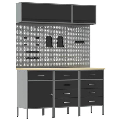 Work Cabinet Set 8 pcs Steel and Engineered Wood Black 150 cm workbench (9 drawers &1 door)