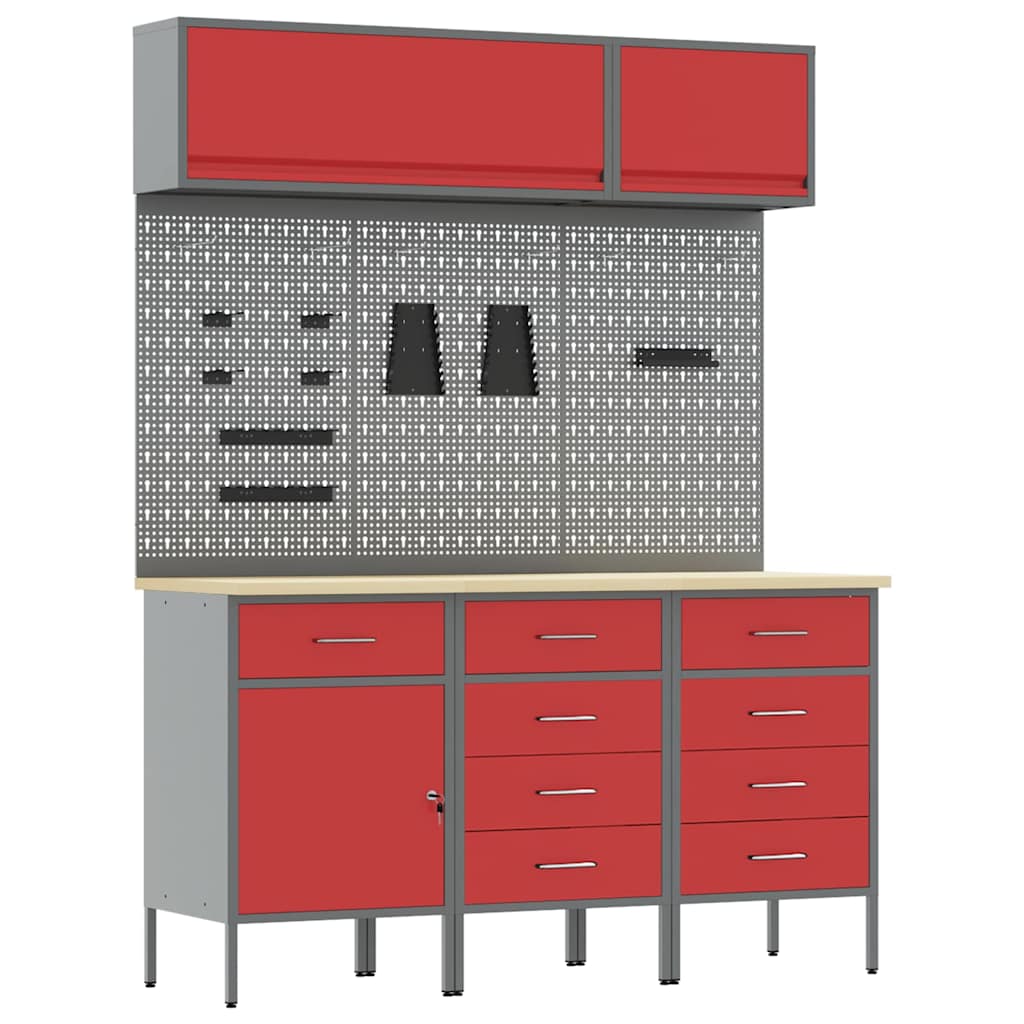 Work Cabinet Set 8 pcs Steel and Engineered Wood Red 150 cm workbench (9 drawers &1 door)