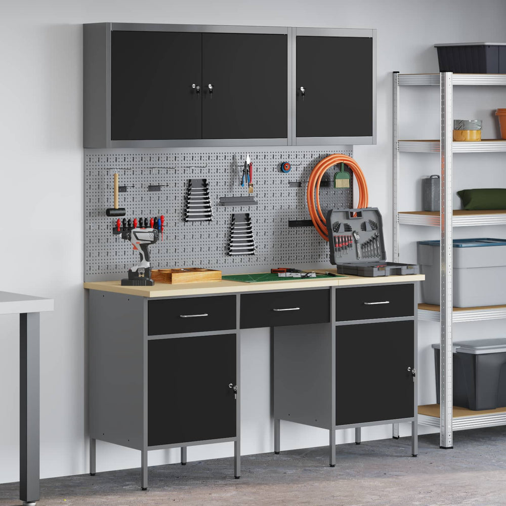 vidaXL Work Cabinet with Drawer 10 pcs Black Engineered Wood and Steel