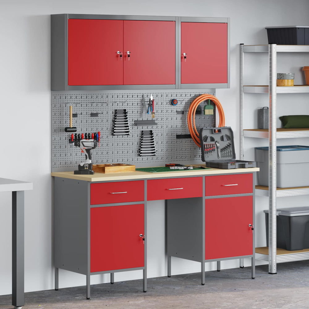 vidaXL Work Cabinet 8 pcs Red and Grey Engineered Wood and Steel