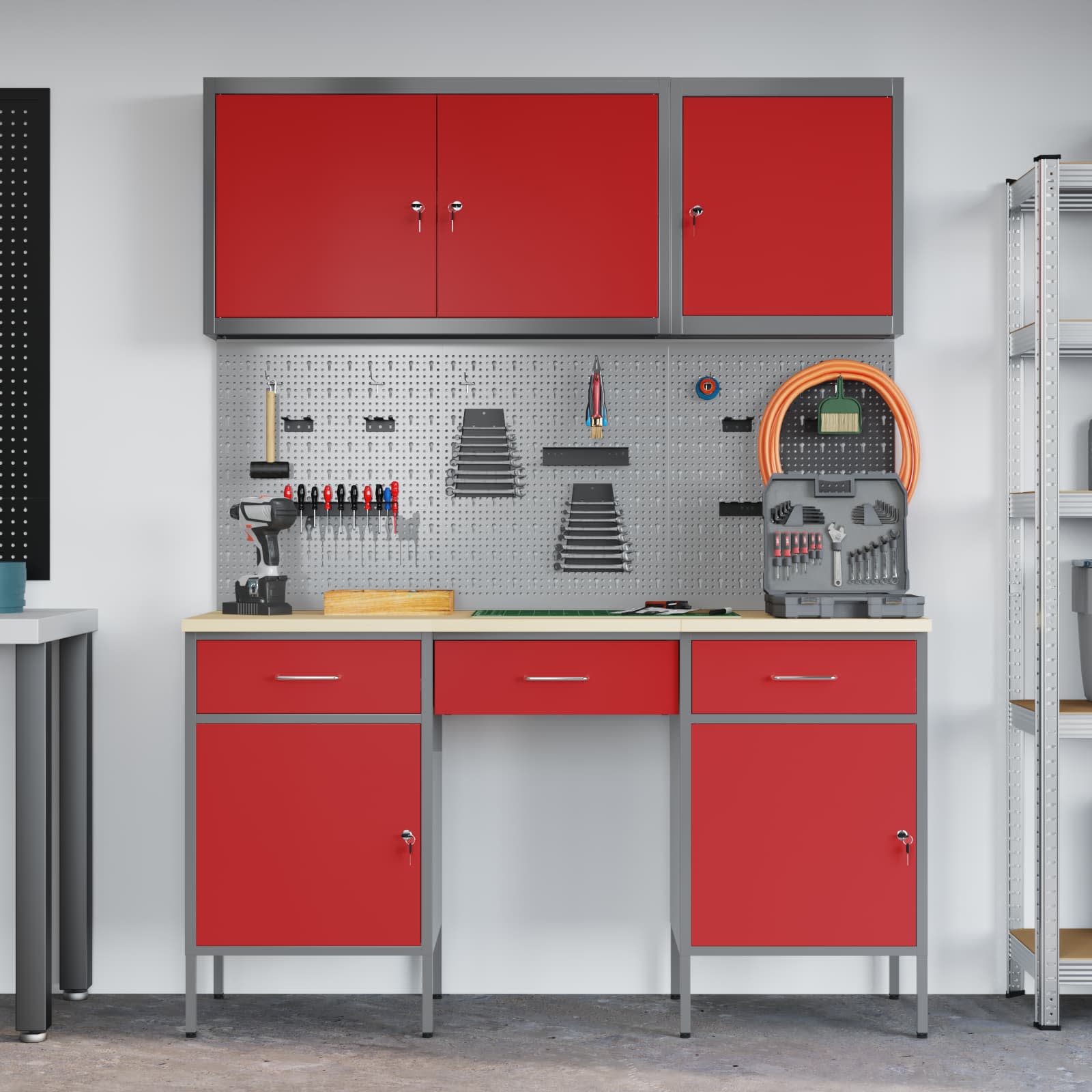 vidaXL Work Cabinet 8 pcs Red and Grey Engineered Wood and Steel 4