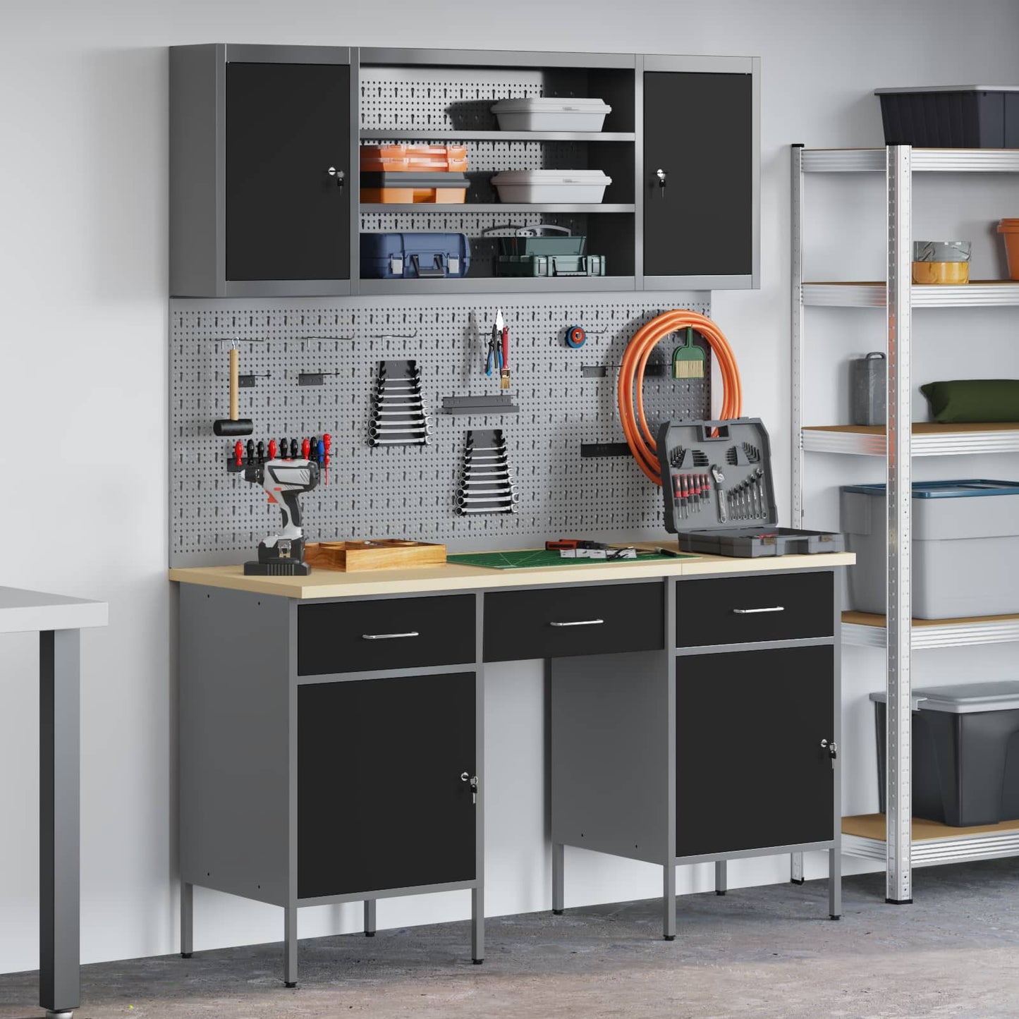 vidaXL Work Cabinet with Drawer 10 pcs Black Engineered Wood and Steel 1