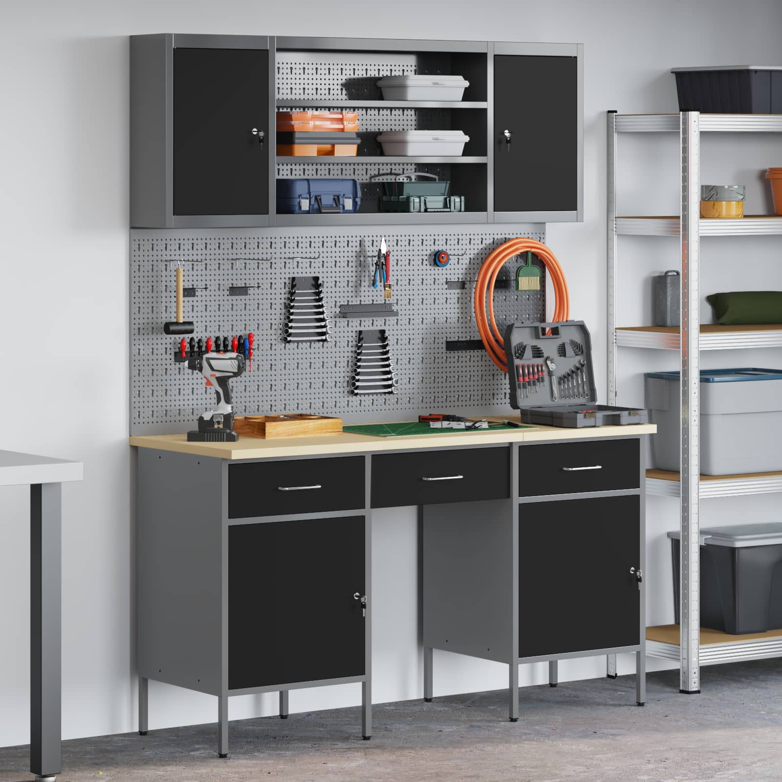 vidaXL Work Cabinet with Drawer 10 pcs Black Engineered Wood and Steel 1