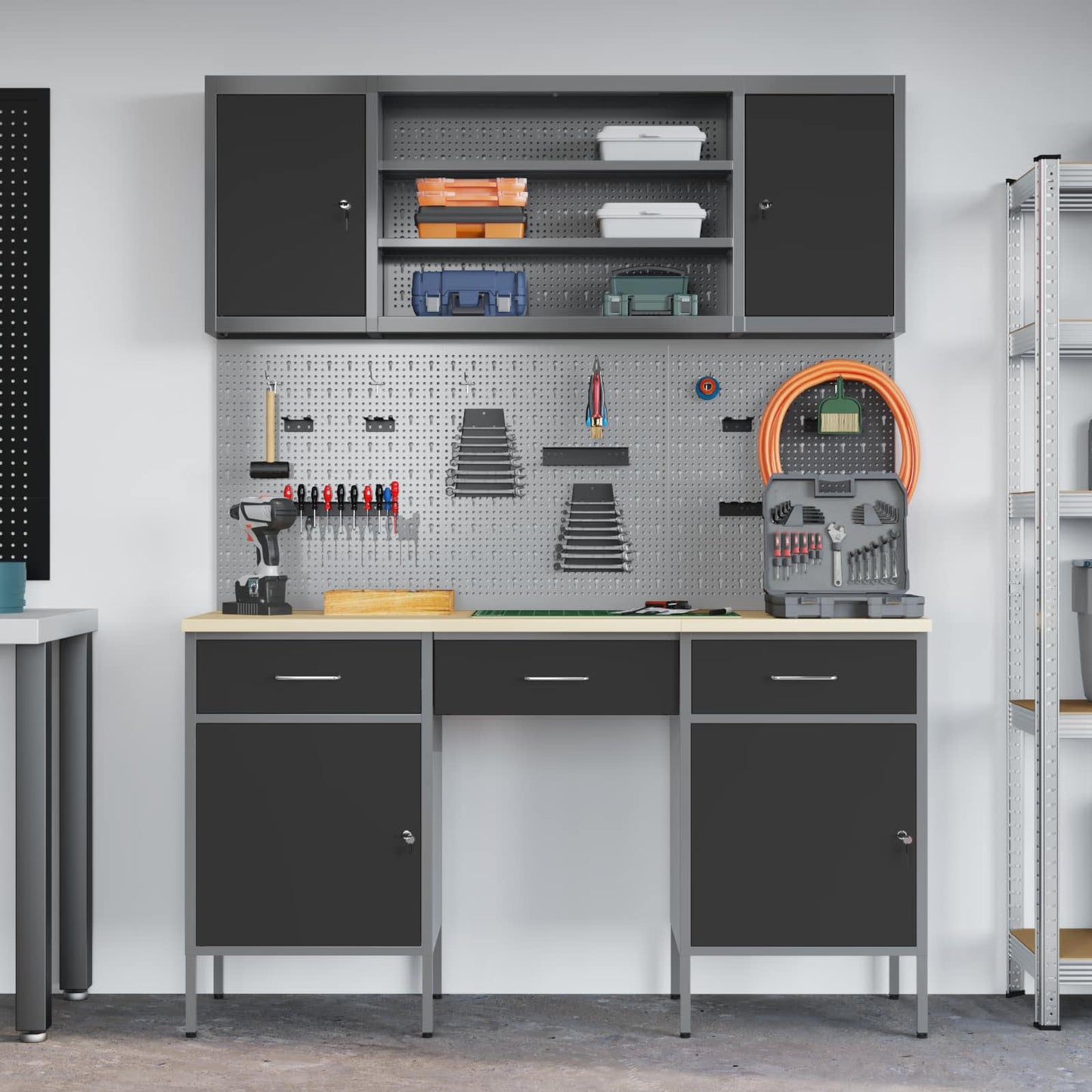 vidaXL Work Cabinet with Drawer 10 pcs Black Engineered Wood and Steel 4