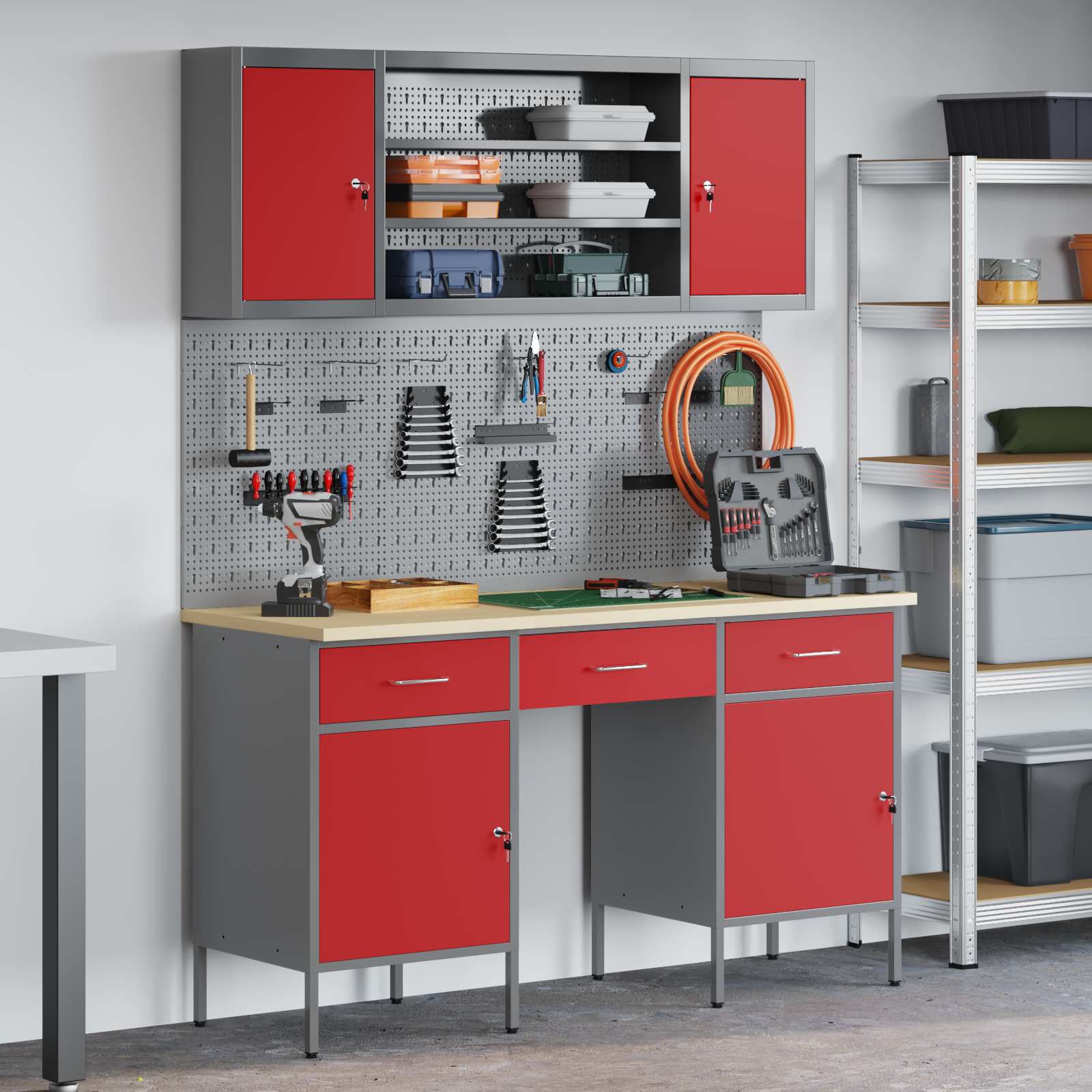 vidaXL Work Cabinet 7 pcs Red and Grey Engineered Wood and Steel 1