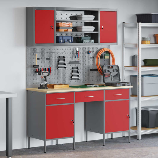vidaXL Work Cabinet 7 pcs Red and Grey Engineered Wood and Steel 1