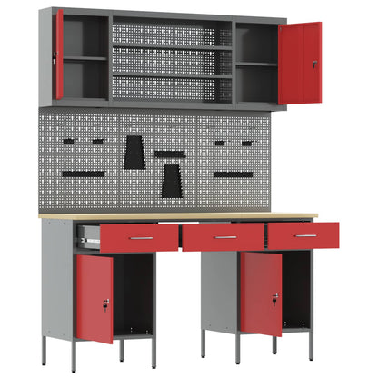 vidaXL Work Cabinet 7 pcs Red and Grey Engineered Wood and Steel 5