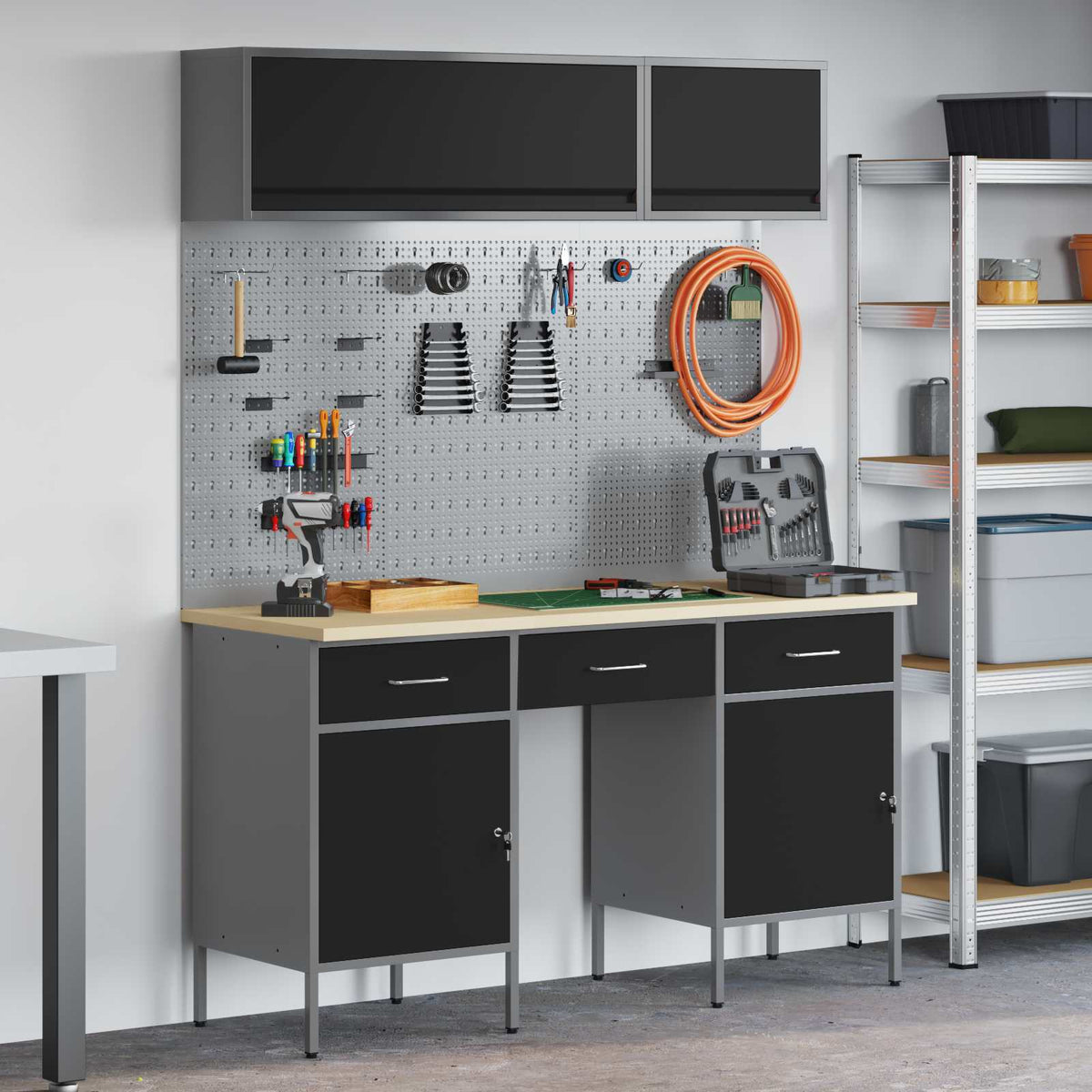 vidaXL Work Cabinet Set with Drawer with Shelf Manual 8 pcs Black 1